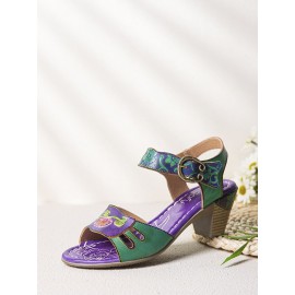 Elegant  Floral Printed Splicing Cut-out Genuine Leather Hook Loop Chunky Heel Sandals