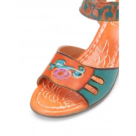 Elegant  Floral Printed Splicing Cut-out Genuine Leather Hook Loop Chunky Heel Sandals