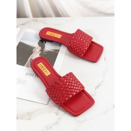 Women Square Toe Solid Color knitted Slip On Slippers