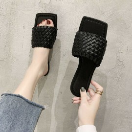 Women Square Toe Solid Color knitted Slip On Slippers