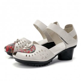 Women Casual Comfy Leather Hollow Hook Loop Open Toe Chunky Heel Sandals