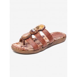Beaded Bohemia Comfortable Clip Toe Flower Printing Casual Flat Beach Sandals
