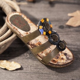 Beaded Bohemia Comfortable Clip Toe Flower Printing Casual Flat Beach Sandals