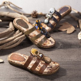 Beaded Bohemia Comfortable Clip Toe Flower Printing Casual Flat Beach Sandals