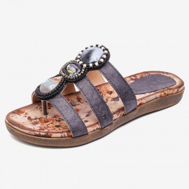 Beaded Bohemia Comfortable Clip Toe Flower Printing Casual Flat Beach Sandals