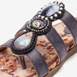 Beaded Bohemia Comfortable Clip Toe Flower Printing Casual Flat Beach Sandals