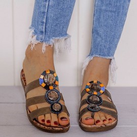 Beaded Bohemia Comfortable Clip Toe Flower Printing Casual Flat Beach Sandals