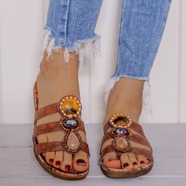 Beaded Bohemia Comfortable Clip Toe Flower Printing Casual Flat Beach Sandals