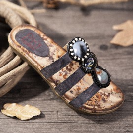 Beaded Bohemia Comfortable Clip Toe Flower Printing Casual Flat Beach Sandals
