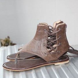 Extra Size Vintage Clip Toe Lace Up Lady Flat Roma Sandals