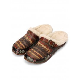 Ethnic Pattern Genuine Leather Soft Comfy Warm Fuzzy Casual Closed Toe Slippers