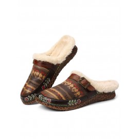 Ethnic Pattern Genuine Leather Soft Comfy Warm Fuzzy Casual Closed Toe Slippers