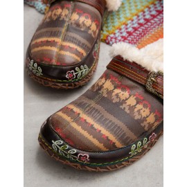 Ethnic Pattern Genuine Leather Soft Comfy Warm Fuzzy Casual Closed Toe Slippers