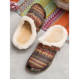 Ethnic Pattern Genuine Leather Soft Comfy Warm Fuzzy Casual Closed Toe Slippers