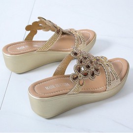 Women Rhinestone Decor Comfy Platform Wedges Slippers
