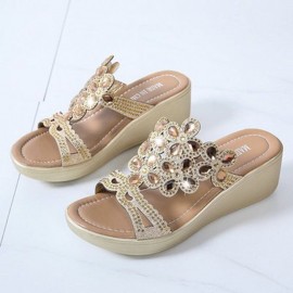 Women Rhinestone Decor Comfy Platform Wedges Slippers