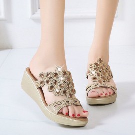 Women Rhinestone Decor Comfy Platform Wedges Slippers