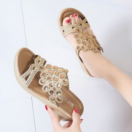 Women Rhinestone Decor Comfy Platform Wedges Slippers