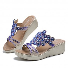 Women Rhinestone Decor Comfy Platform Wedges Slippers