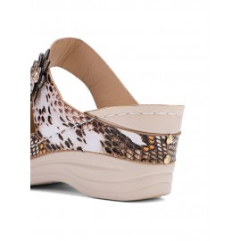 Women Large Size Animal Print Flowers Decor Hand Stitching Comfy Casual Beach Wedges Slippers