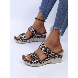 Women Large Size Animal Print Flowers Decor Hand Stitching Comfy Casual Beach Wedges Slippers