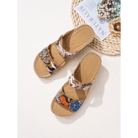 Women Large Size Animal Print Flowers Decor Hand Stitching Comfy Casual Beach Wedges Slippers