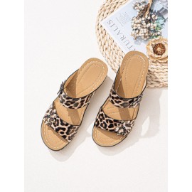 Women Large Size Animal Print Flowers Decor Hand Stitching Comfy Casual Beach Wedges Slippers