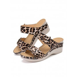 Women Large Size Animal Print Flowers Decor Hand Stitching Comfy Casual Beach Wedges Slippers