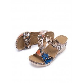 Women Large Size Animal Print Flowers Decor Hand Stitching Comfy Casual Beach Wedges Slippers
