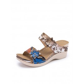 Women Large Size Animal Print Flowers Decor Hand Stitching Comfy Casual Beach Wedges Slippers