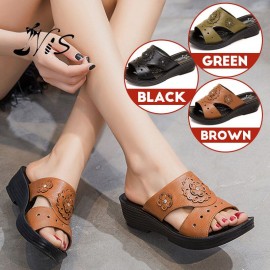 Women Daily Comfy Flowers Hollow Slip On Wedges Slippers