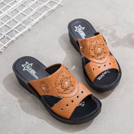 Women Daily Comfy Flowers Hollow Slip On Wedges Slippers