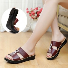 Women Beach Leather Rhinestone Hollow Soft Comfy Slide Slippers