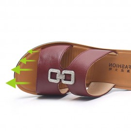 Women Beach Leather Rhinestone Hollow Soft Comfy Slide Slippers