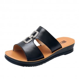 Women Beach Leather Rhinestone Hollow Soft Comfy Slide Slippers