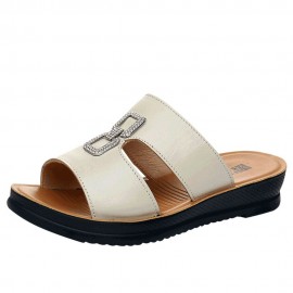 Women Beach Leather Rhinestone Hollow Soft Comfy Slide Slippers