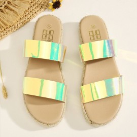 Women Double Gradient Color Strap Comfy Non Slip Espadrille Platform Slippers