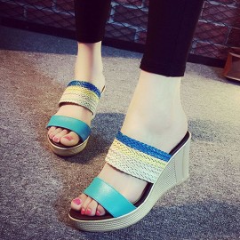 Women Casual Weaven Platform Wedge Heel Peep Toe Slippers