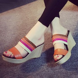 Women Casual Weaven Platform Wedge Heel Peep Toe Slippers