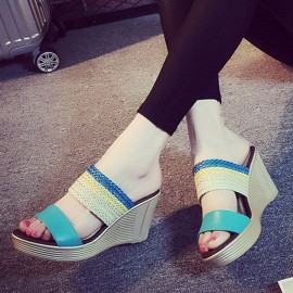 Women Casual Weaven Platform Wedge Heel Peep Toe Slippers
