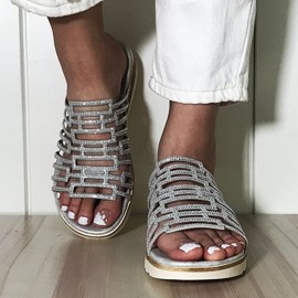 Women Rhinestone Decor Hollow Out Platform Casual Slippers