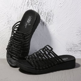 Women Rhinestone Decor Hollow Out Platform Casual Slippers