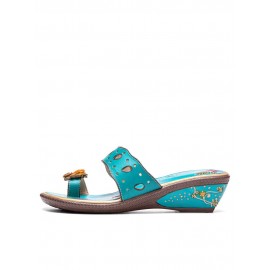 Ladies Vintage Ethnic Leather Platform Flat Comfort Sandals