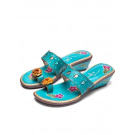 Ladies Vintage Ethnic Leather Platform Flat Comfort Sandals