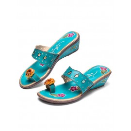 Ladies Vintage Ethnic Leather Platform Flat Comfort Sandals