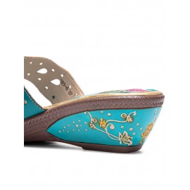 Ladies Vintage Ethnic Leather Platform Flat Comfort Sandals