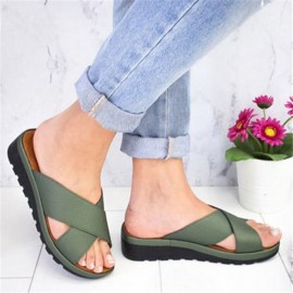 Large Size Women Comfy Open Toe Solid Color Non Slip Wedges Slippers