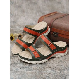 LOSTISY Stripe Slippers Color Block Stitching Women Beach Wedges Slippers