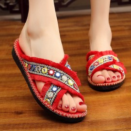 Women Folkways Circle Sequined Handmade Embroidered Peep Toe Slippers