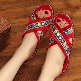 Women Folkways Circle Sequined Handmade Embroidered Peep Toe Slippers
